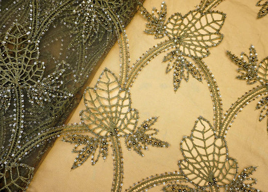 Mehandi Imported Net Fabric with Allover Cutwork, Sequins, Beads, Pearls & Thread PG-107 - Design For Destiny