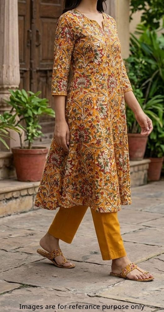 Yellow Kalamkari Print Cotton Fabric TU 108 - Design For Destiny