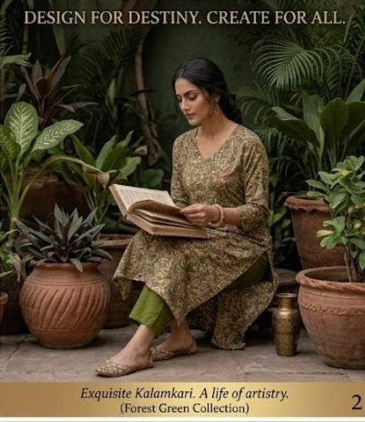 Olive green Kalamkari Print Fabric TU 110 - Design For Destiny