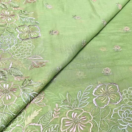 Mul Chanderi Floral Thread & Zari Embroidery Designer Summer Fabric RS-163 - Design For Destiny