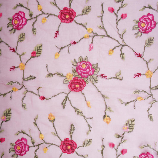 Pink French Knot Embroidery Organza Fabric AR- 1004 - Design For Destiny