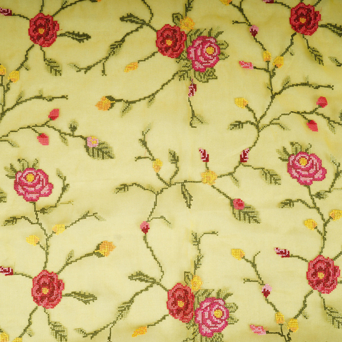 Yellow French Knot Embroidery Organza Fabric AR-1007 - Design For Destiny
