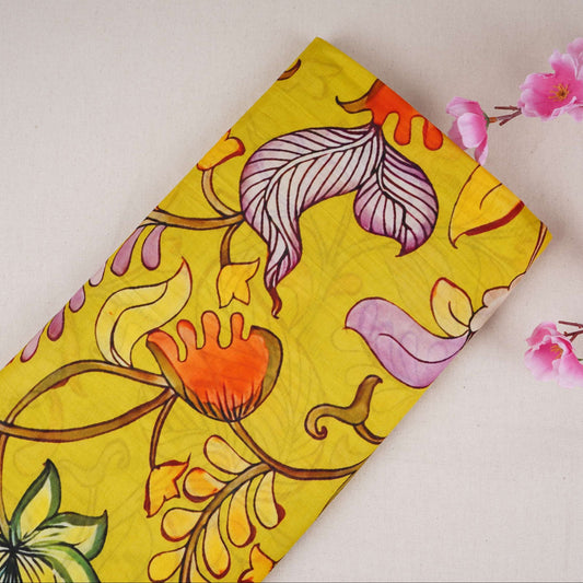 Lime Green Kalamkari Print Pure Chanderi Fabric AR-1014 - Design For Destiny