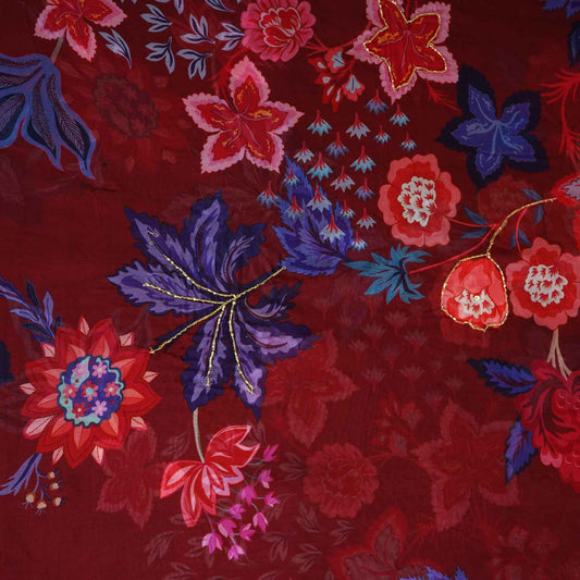 Wine Cutdana Hand Work Floral Print Organza Fabric - Design For Destiny