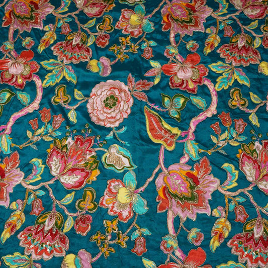 Teal Blue Position Print Zari Embroidery Crepe Fabric - Design For Destiny