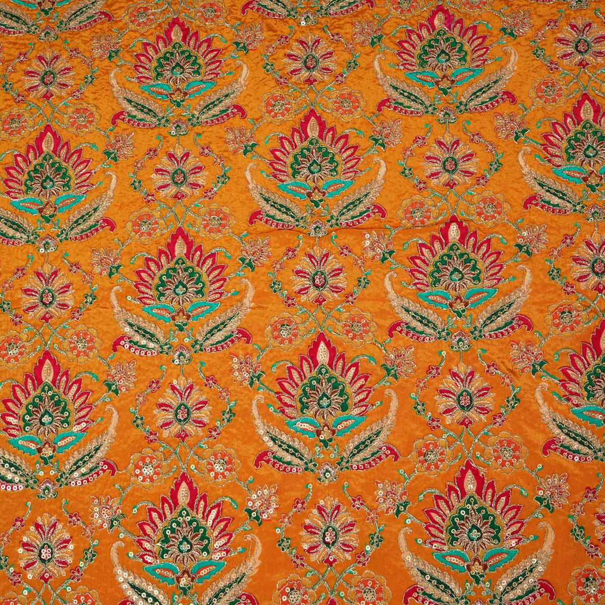 Mustard Yellow Position Print Zari Embroidery Crepe Fabric - Design For Destiny