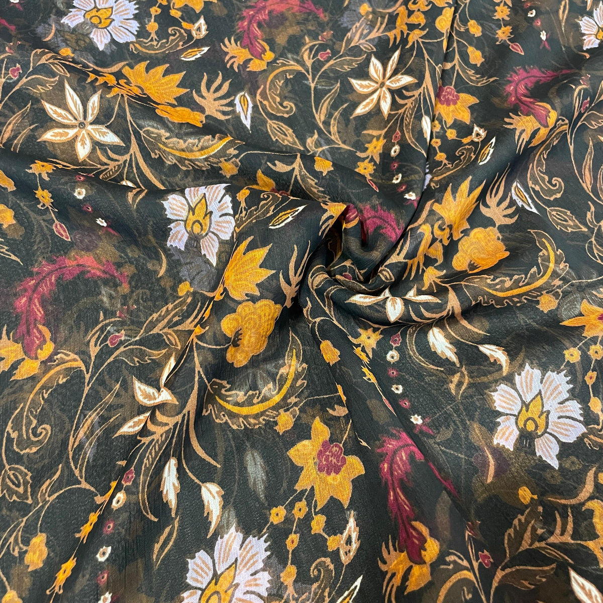 Black Floral Print Georgette Fabric - Design For Destiny