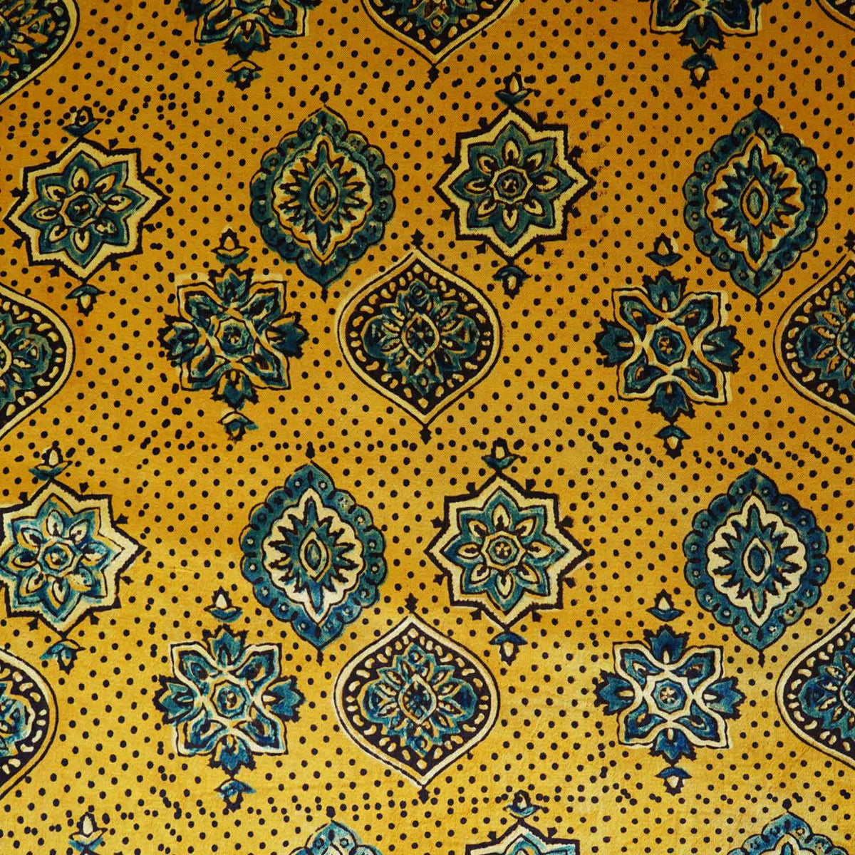 Mustard Yellow Ajrakh Print Mashru Silk Fabric - Design For Destiny