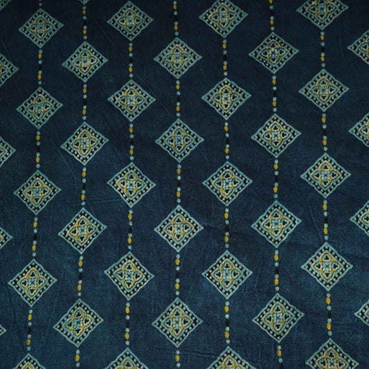 Teal Blue Floral Print Mashru Silk Fabric - Design 5 - Design For Destiny