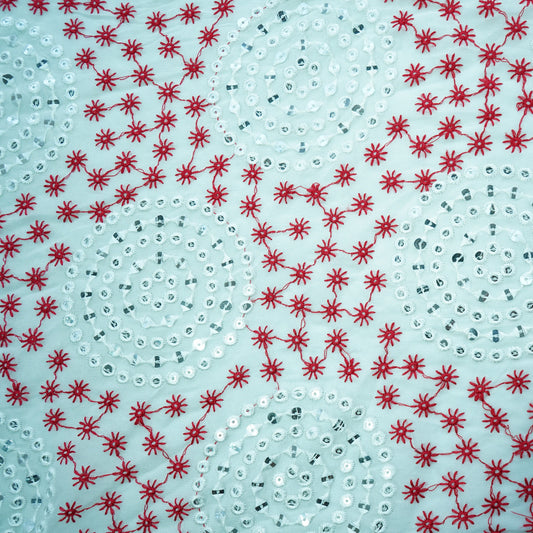 Off White Red Thread Embroidery Georgette Fabric - Design For Destiny