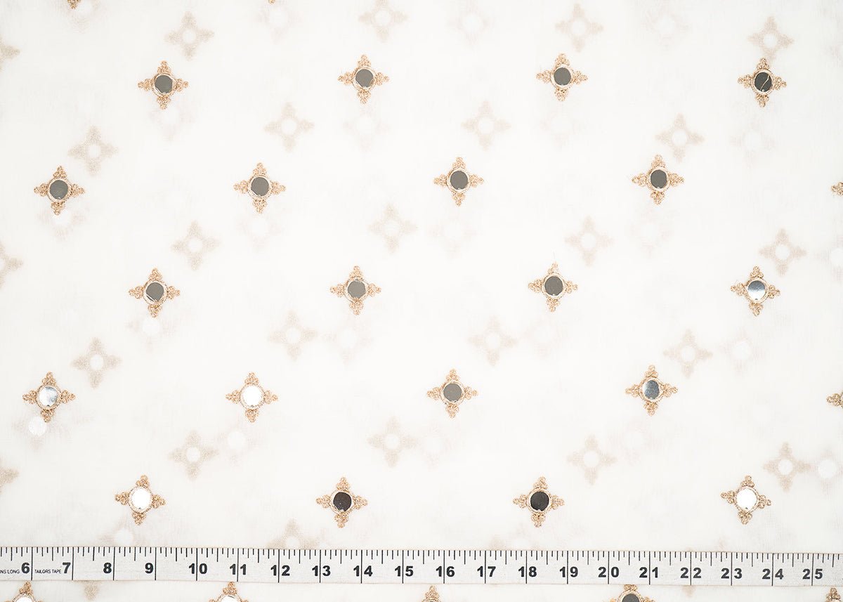 White Georgette Dyeable Fabric With All Over Buti Of Golden Zari And Faux Mirror Work PG 22413 - Design For Destiny