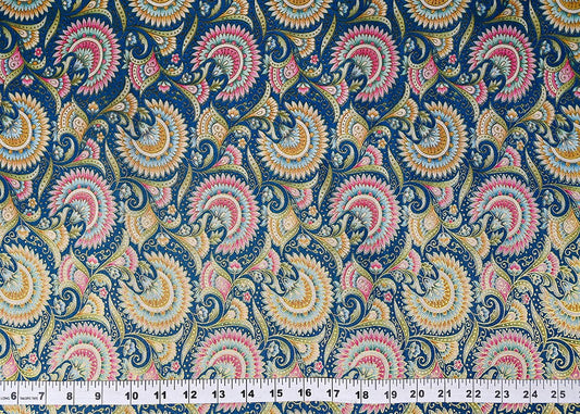 Teal Blue Silk Fabric With Traditional Print With Golden Zari Work PG 20313 - Design For Destiny