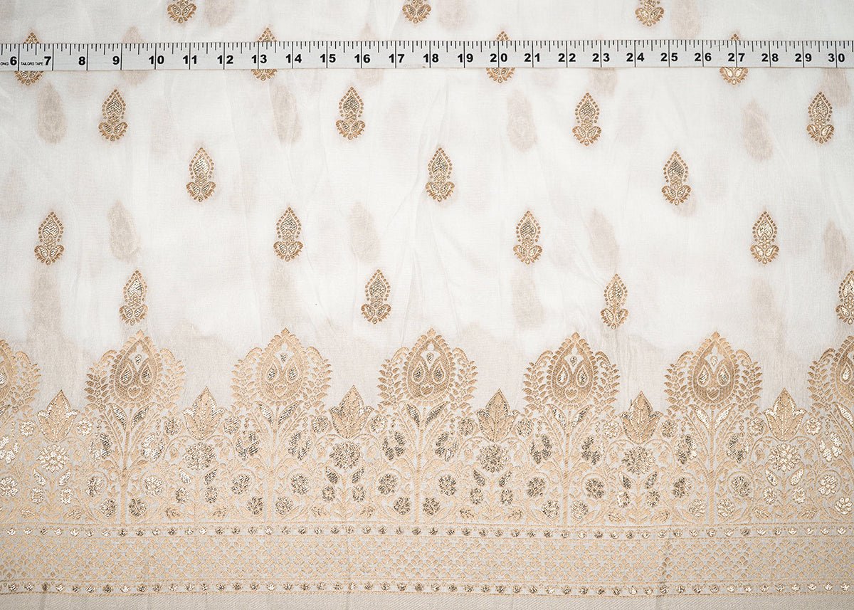 White Dyeable Silk Fabric with Allover Zari Handloom and One-Side Border PG 19705 - Design For Destiny