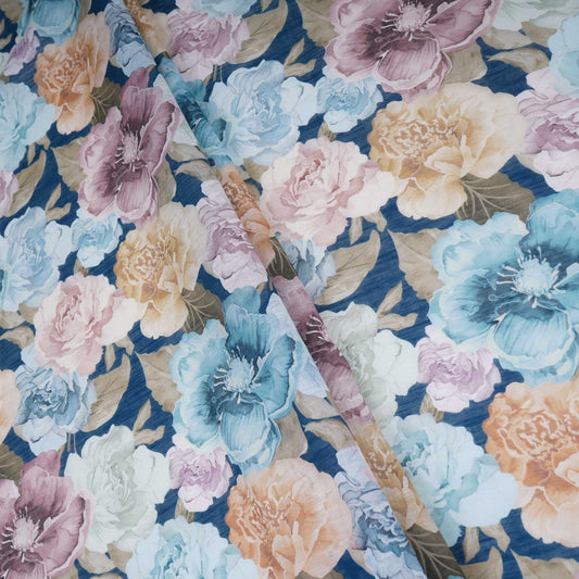 Navy Blue Floral Print Cotton Linen Fabric TU 30975 - Design For Destiny
