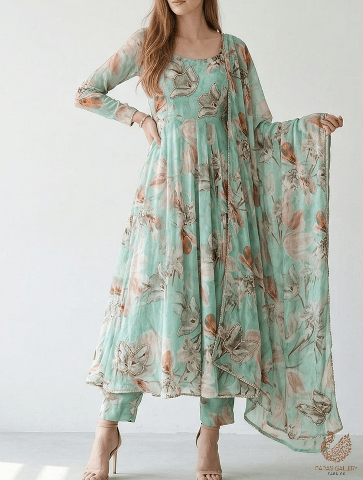 Mint Green Organza Fabric With All Over Floral Print, Bead And cutdana Work PG 22610 - Design For Destiny