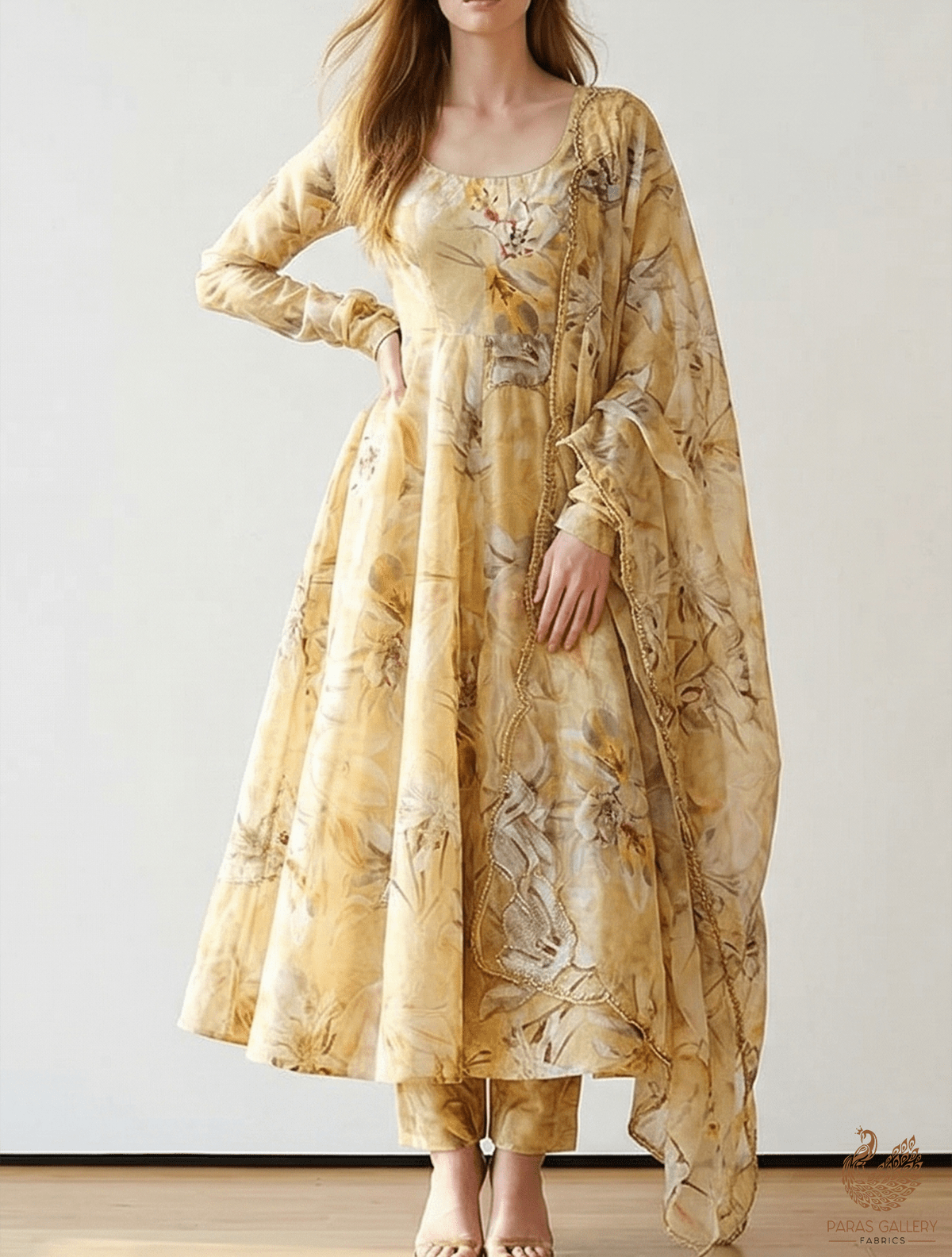 Lemon Yellow Organza Fabric With All Over Floral Print, Bead And Cutdana Work PG 22612 - Design For Destiny