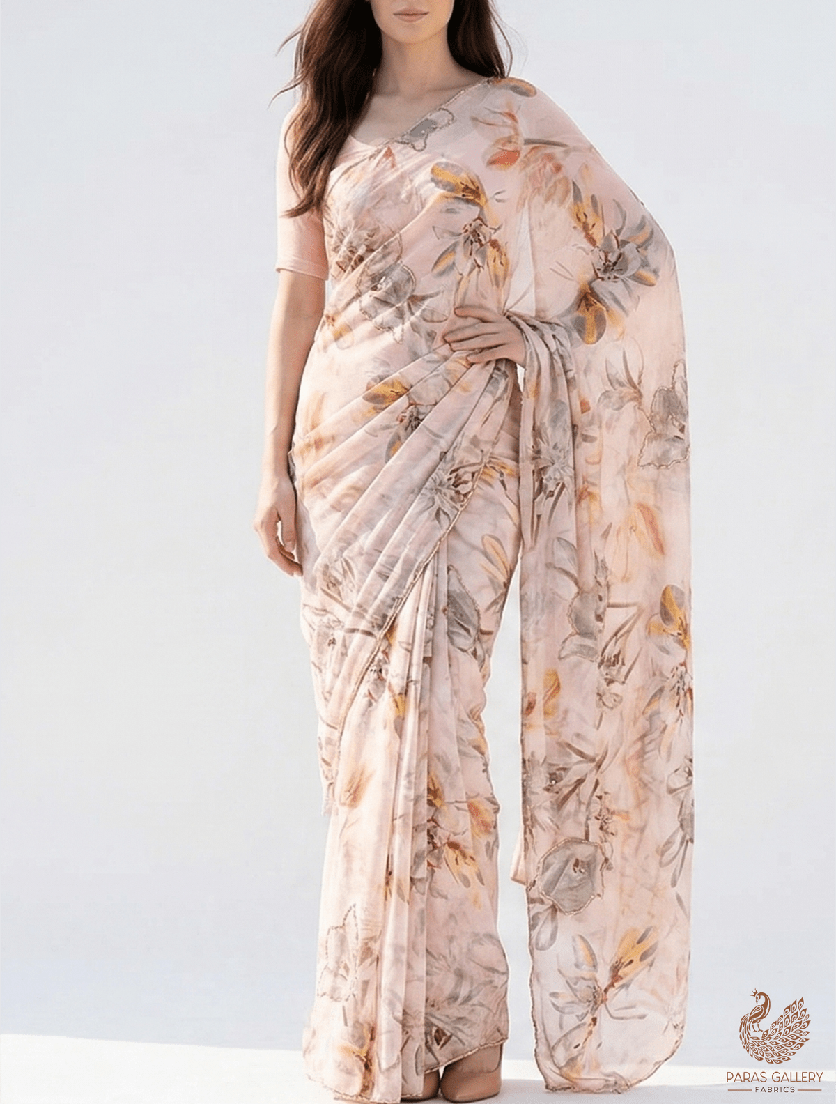 Cream Organza Fabric With All Over Floral Print, Bead And Katdana Work PG 22613 - Design For Destiny