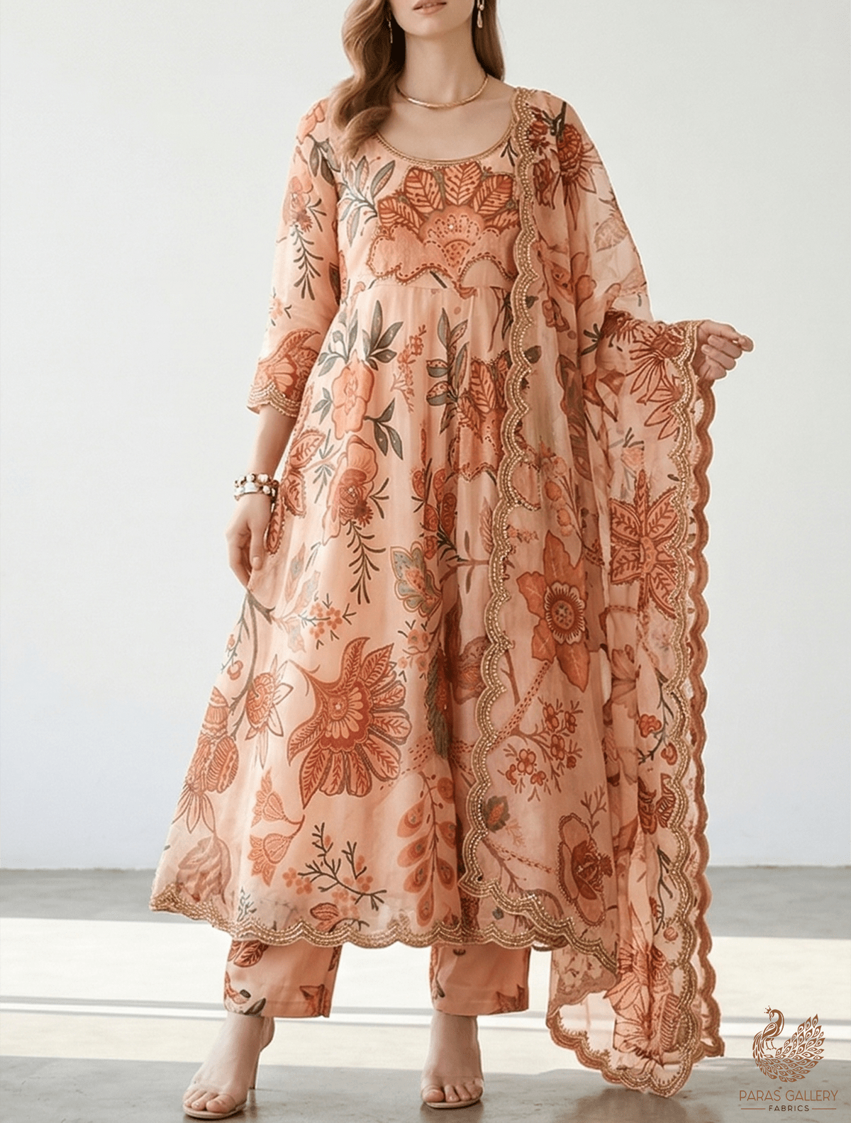 Peach Organza Fabric With All Over Floral Print, Bead And Cutdana Work PG 22608 - Design For Destiny