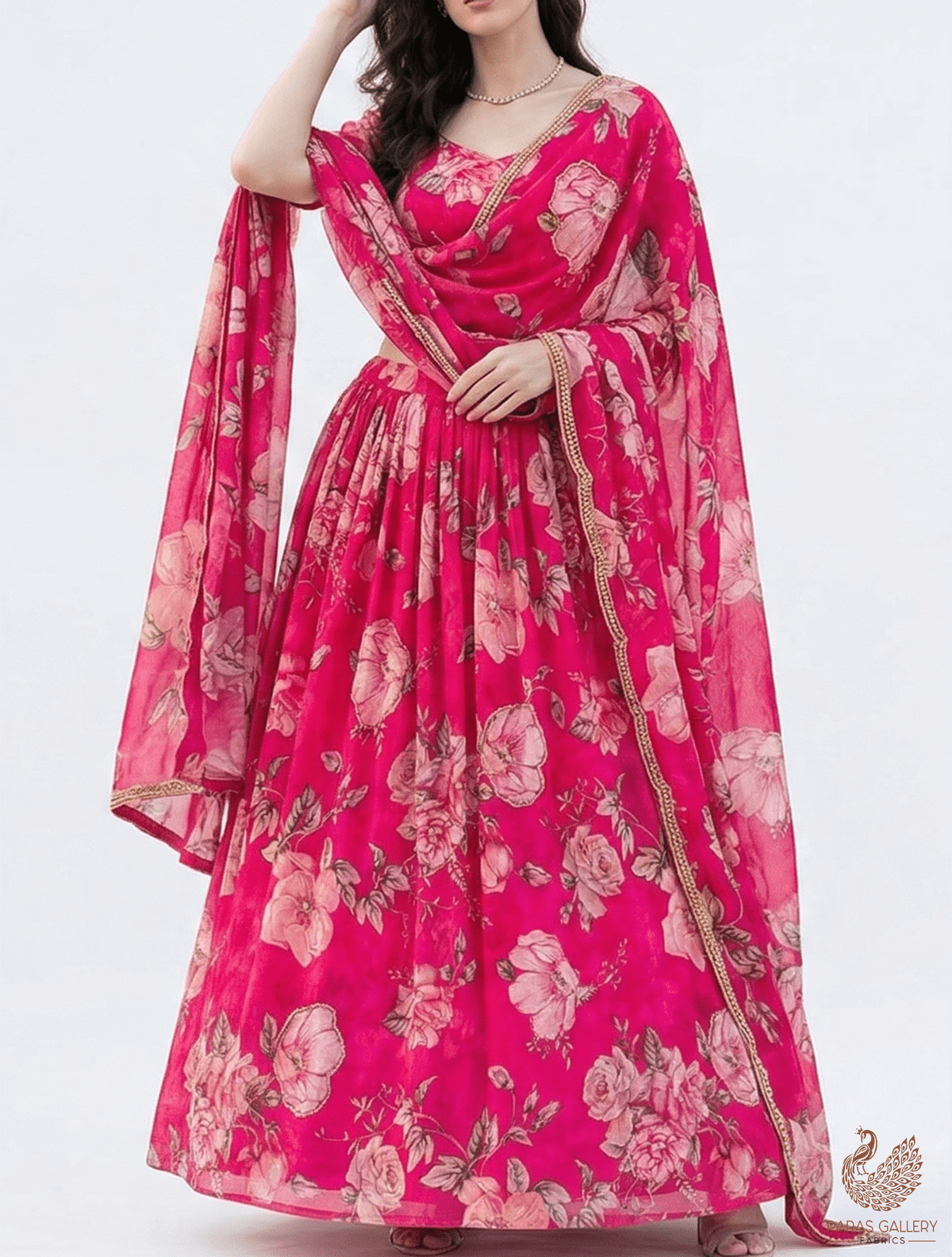 Pink Organza Fabric With All Over Floral Print, Bead And Katdana Work PG 22614 - Design For Destiny