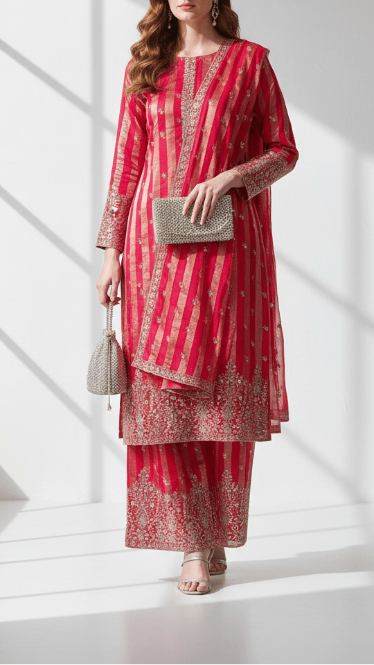 Rani Pink Organza Tissue Striped Fabric With Buti of Zari and Sequins with One Side Heavy Border Work PG 20903