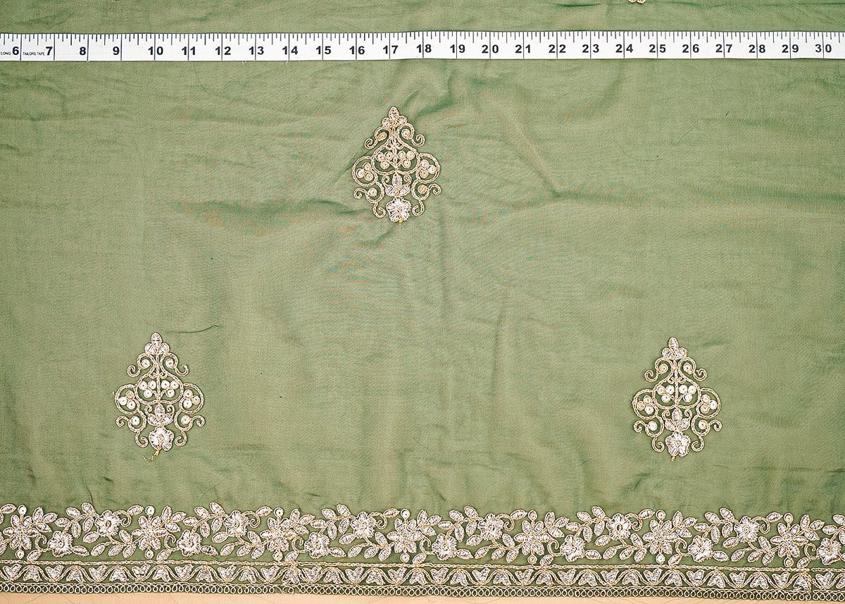 Bottle Green Organza Fabric With All Over Buti Of Golden Zari And Sequins With Two Side Border PG 20539 - Design For Destiny
