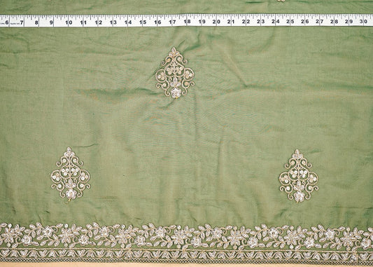 Bottle Green Organza Fabric With All Over Buti Of Golden Zari And Sequins With Two Side Border PG 20539 - Design For Destiny
