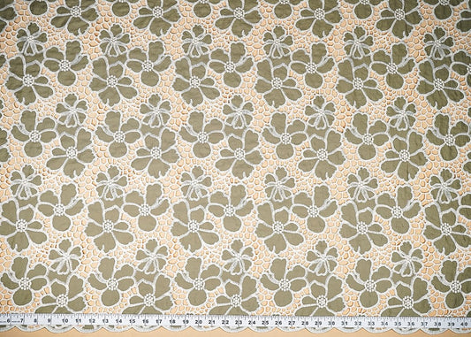 Olive Green Cotton Fabric With All Over Thread And Cutwork With Scalloped Edges PG 21887 - Design For Destiny