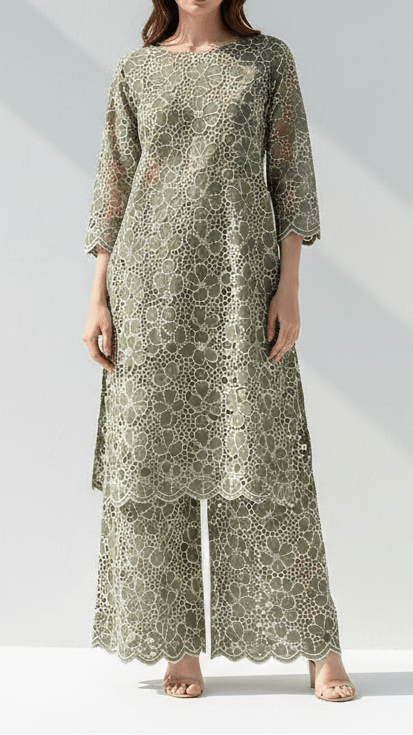 Olive Green Cotton Fabric With All Over Thread And Cutwork With Scalloped Edges PG 21887 - Design For Destiny