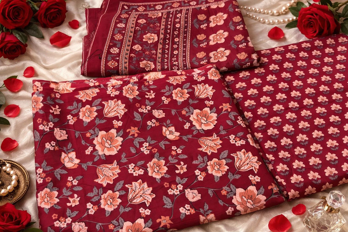 Magenta pink Floral Printed Mul Cotton 3PC Suit - Design For Destiny