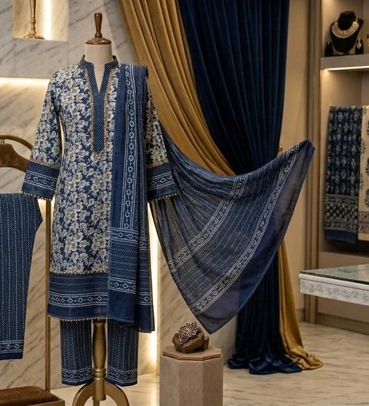 Indigo Blue & White Floral Printed 3PC Cotton Suit | RA127 - Design For Destiny