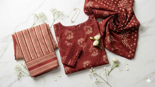 Mahroon Floral & Striped Mul Cotton 3PC Suit - Design For Destiny