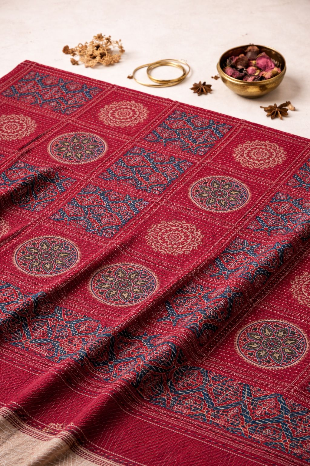 Red Floral Kantha Print Cotton Fabric - Design For Destiny