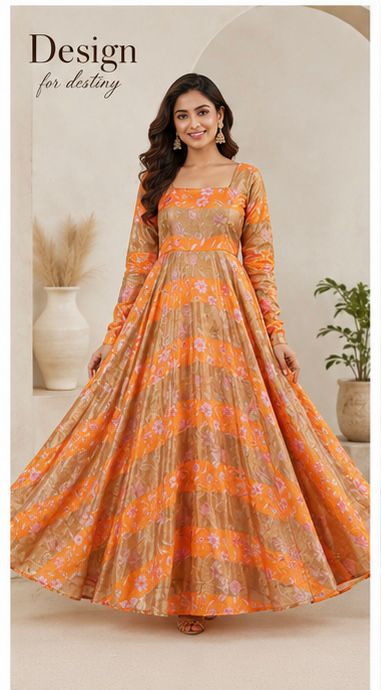 Orange With Golden Stripes Floral Print Organza Tissue Fabric - Design For Destiny