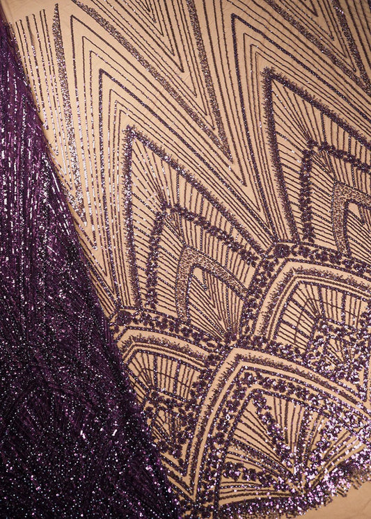 Wine Net Fabric With All Over Sequins And Bead Work With One Side Scalloped Border PG-109 - Design For Destiny