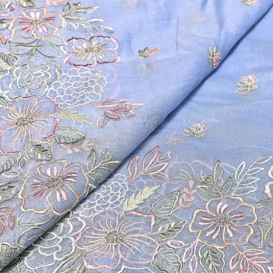 Mul Chanderi Floral Thread & Zari Embroidery Designer Summer Fabric RS-161 - Design For Destiny