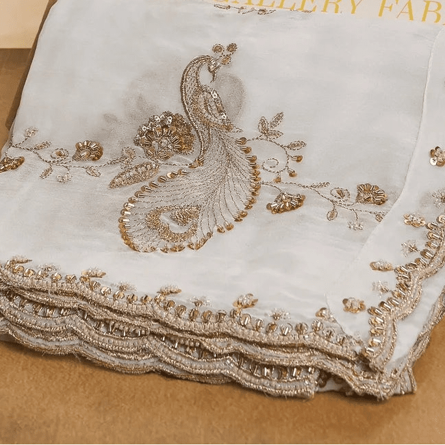 White Georgette Dupatta With All Over Bead, Sequins And Katdana Work- PG113 - Design For Destiny