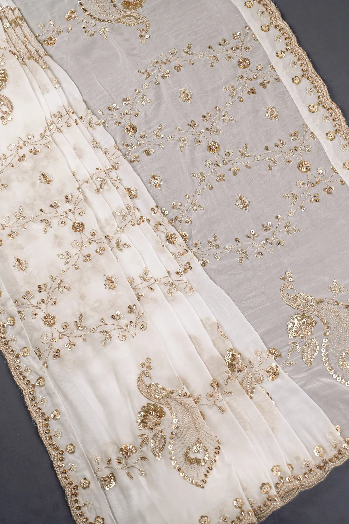 White Georgette Dupatta With All Over Bead, Sequins And Katdana Work- PG113 - Design For Destiny