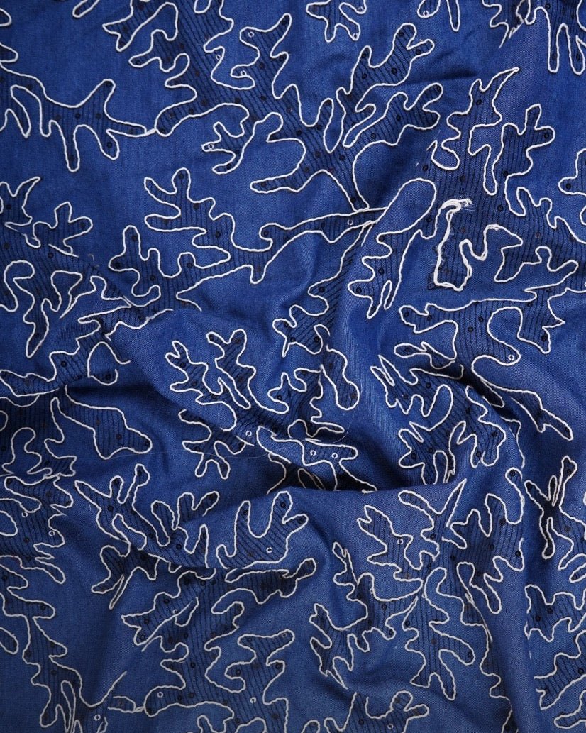 Blue Floral Embroidery Denim Fabric - Design For Destiny