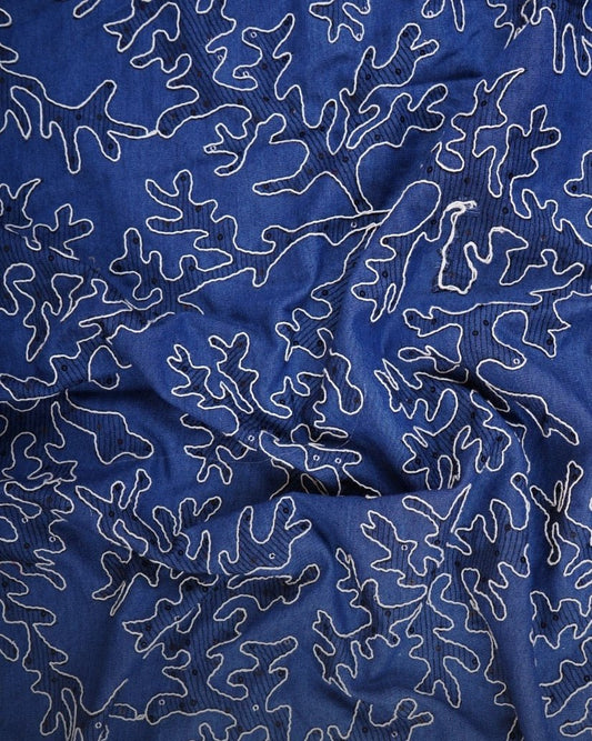 Blue Floral Embroidery Denim Fabric - Design For Destiny