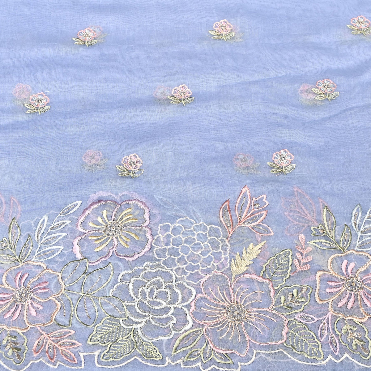 Mul Chanderi Floral Thread & Zari Embroidery Designer Summer Fabric RS-161 - Design For Destiny