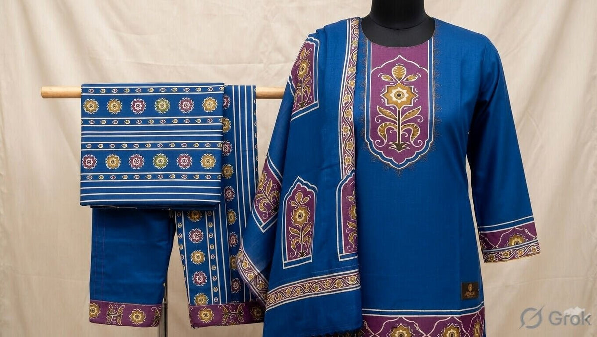 Blue Ajrakh Printed Mul Cotton 3PC Unstitched Suit | RA130 - Design For Destiny