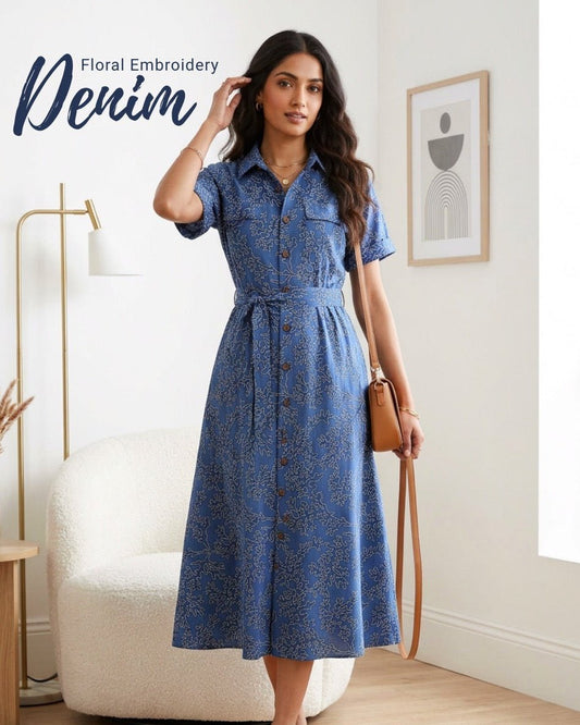 Blue Floral Embroidery Denim Fabric - Design For Destiny