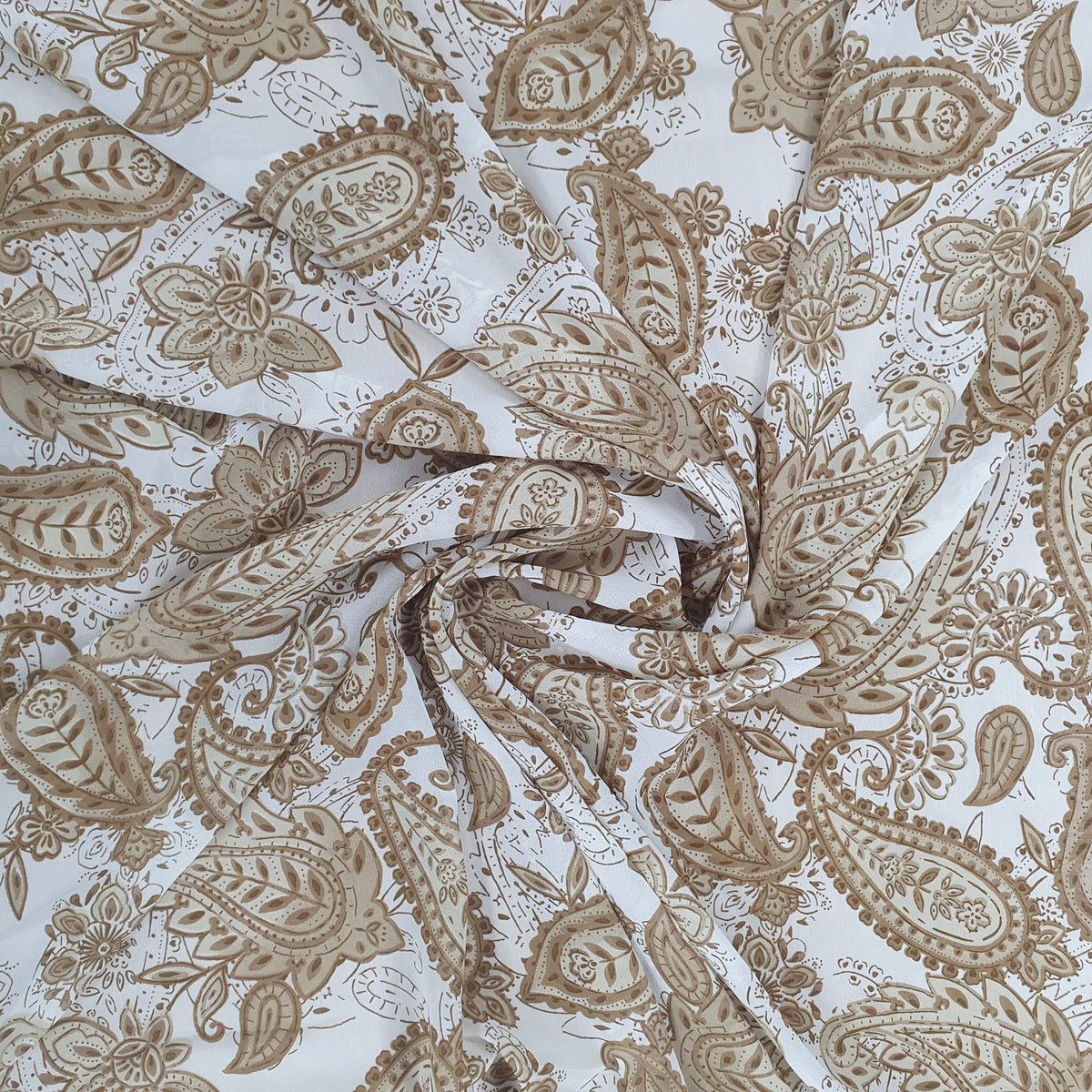 White Brown Paisley Print Georgette Fabric - Design For Destiny
