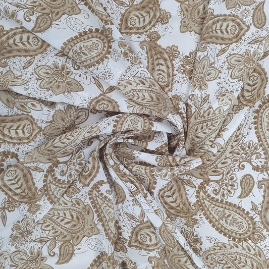 White Brown Paisley Print Georgette Fabric - Design For Destiny