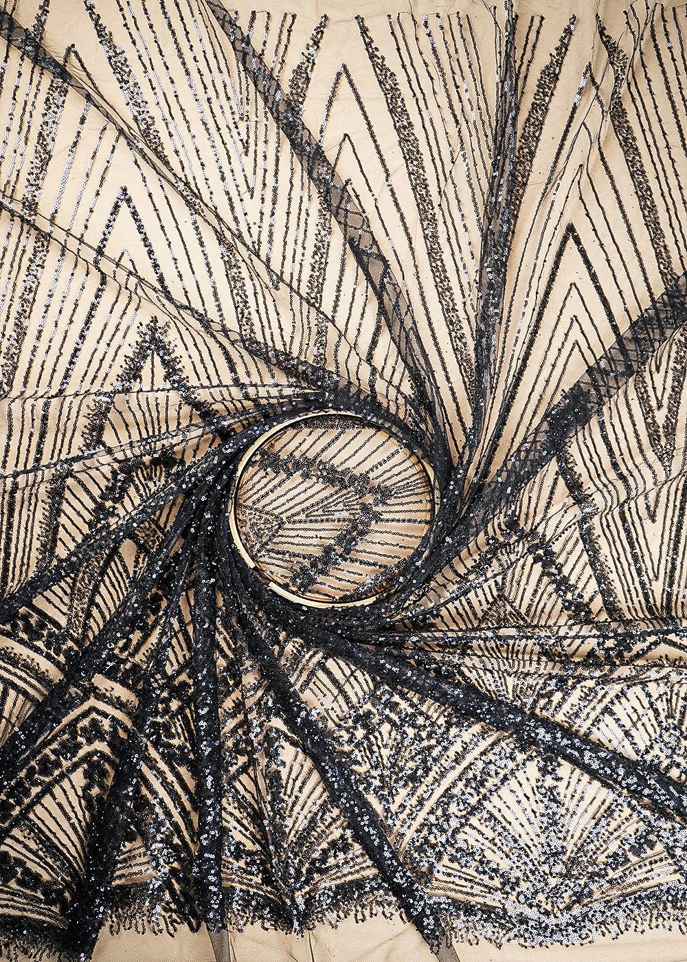 Black Net Fabric With All Over Sequins And Bead Work With One Side Scalloped Border PG-106 - Design For Destiny