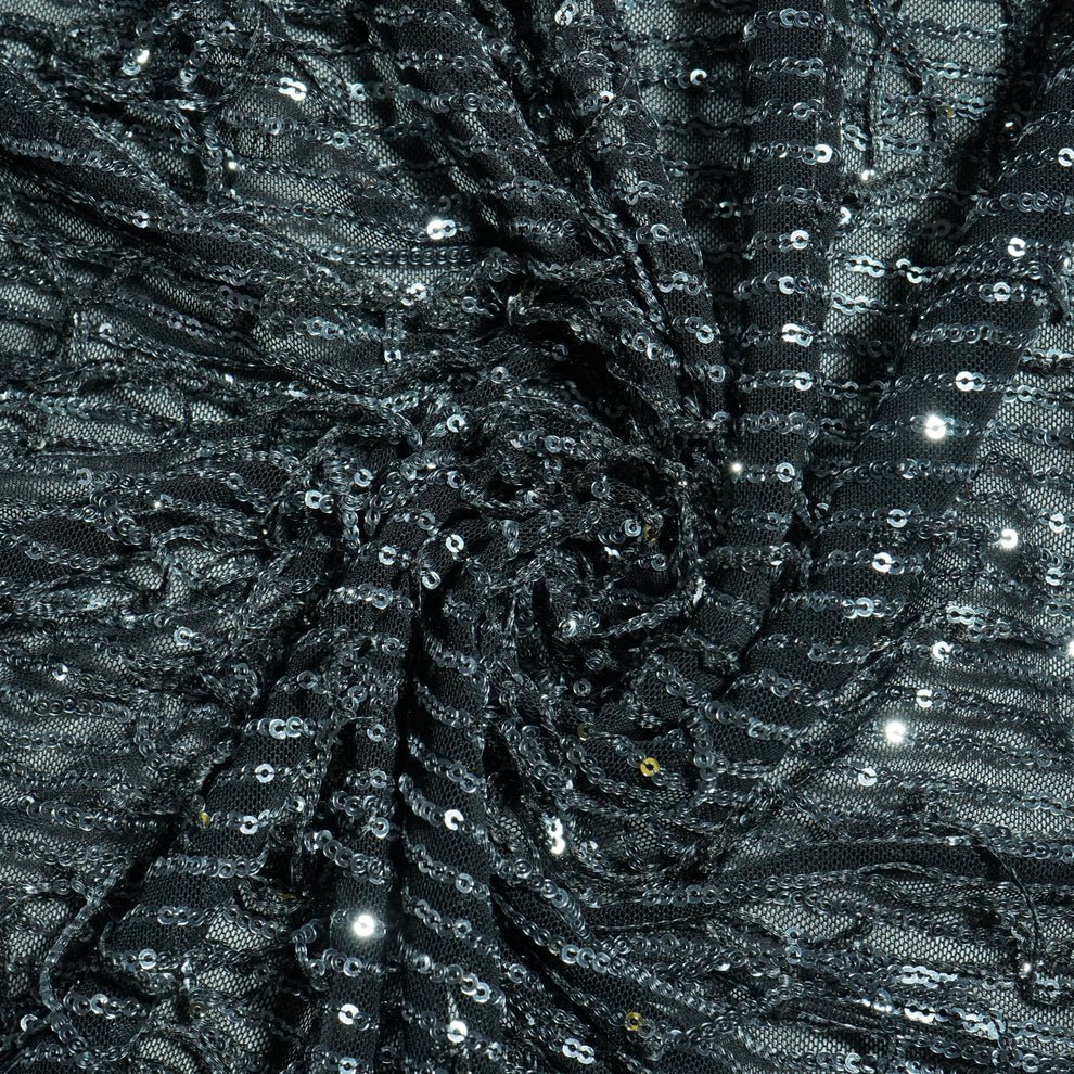 Black with silver sequence embroidery net lycra fabric Net Fabric TU-172 - Design For Destiny