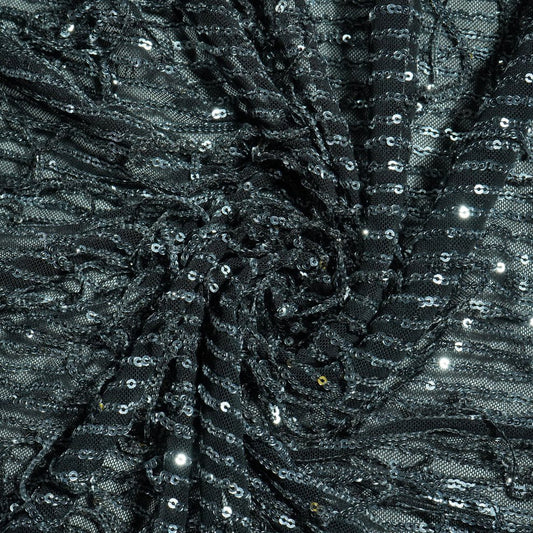 Black with silver sequence embroidery net lycra fabric Net Fabric TU-172 - Design For Destiny