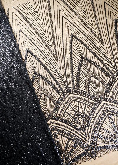 Black Net Fabric With All Over Sequins And Bead Work With One Side Scalloped Border PG-106 - Design For Destiny
