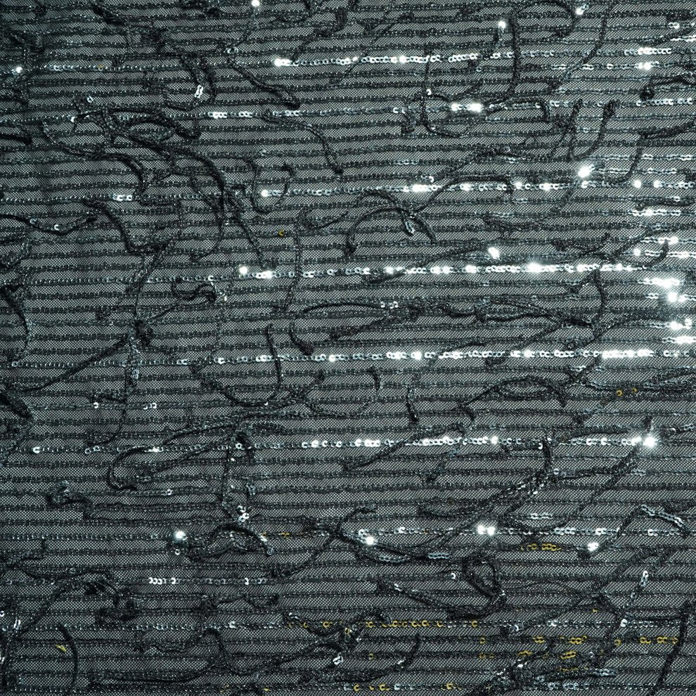 Black with silver sequence embroidery net lycra fabric Net Fabric TU-172 - Design For Destiny