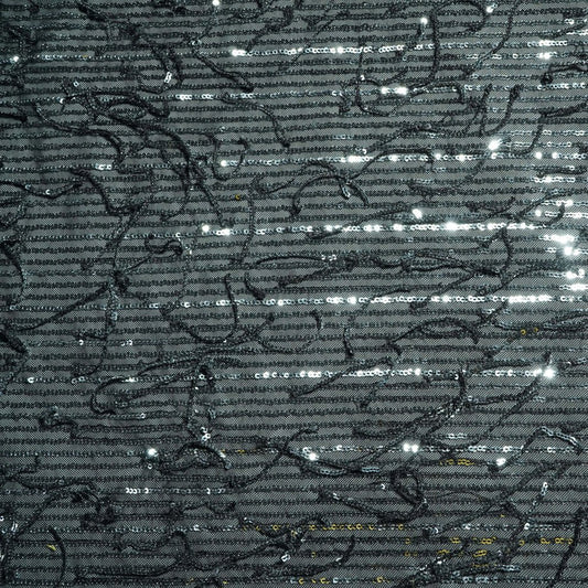 Black with silver sequence embroidery net lycra fabric Net Fabric TU-172 - Design For Destiny